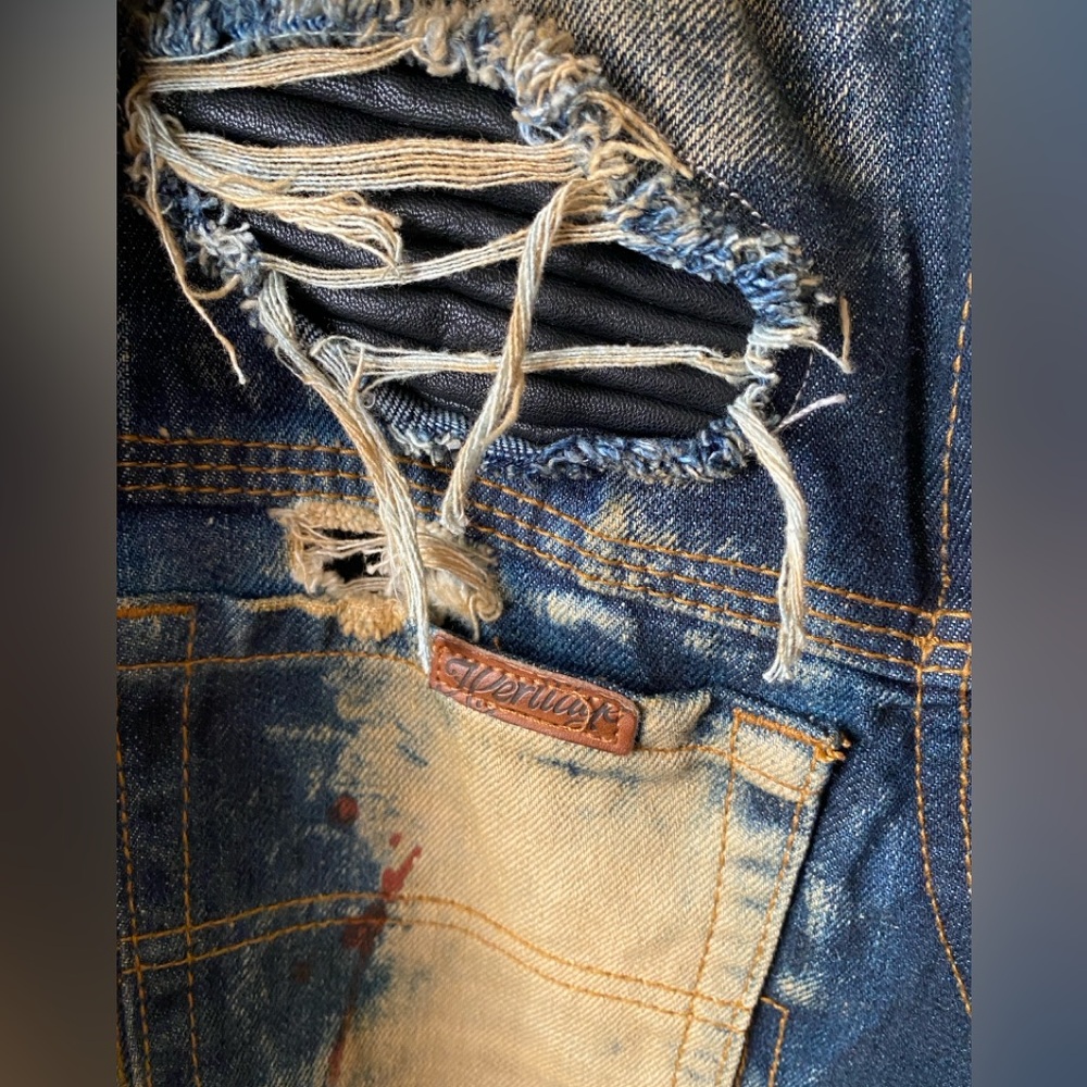 The Heritage by America 1776 Distressed Faux Leather Bleached Denim Moto Vest 2X - Picture 7 of 12